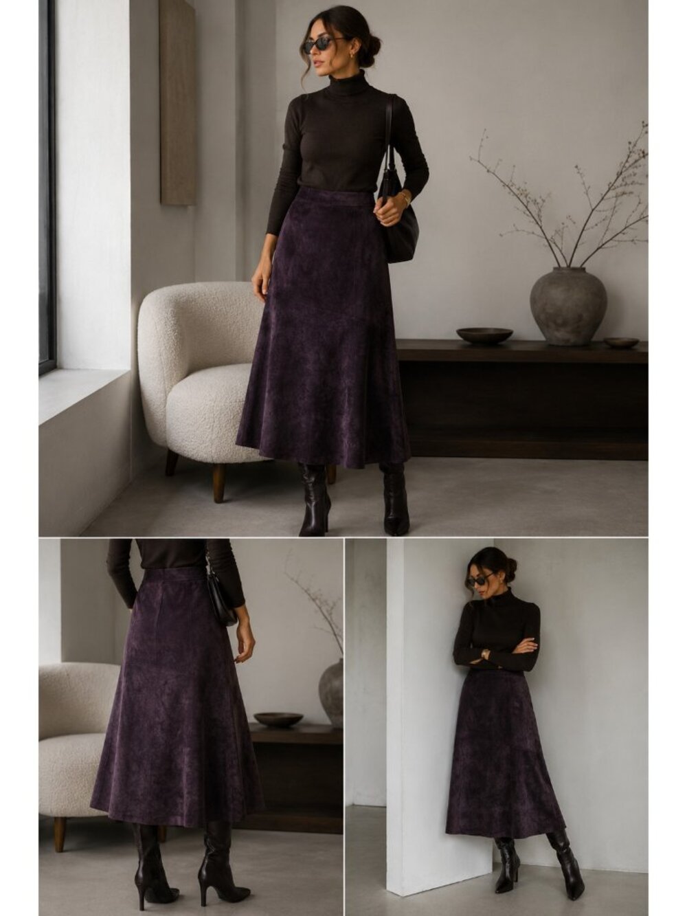 i.e. Women’s 100% Leather Suede Midi Skirt Size 16 Dark Purple A-Line